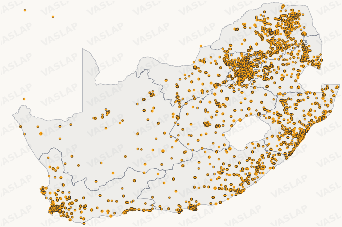 Map of 25,610 verified retail store locations across South Africa's nine provinces